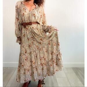 Aura Falling Foliage Brown Floral Paisley Long Sleeve Tiered Peasant Maxi Dress